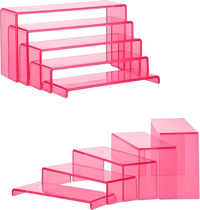 Goabroa Display Risers, 2 Sets 10 Pcs Perfume Stand Organizer, Rectangular Riser Shelves for Figures, Cupcake, perfume display, Wine Glass and Handbag display, Transparent Pink