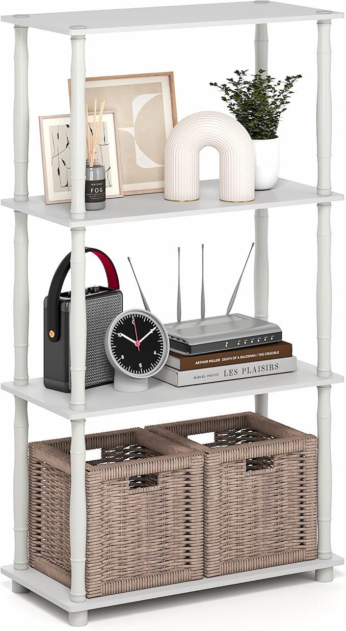 Furinno Turn-N-Tube Storage Shelves, 4-Tier Open Frame Book Shelf, Standing Corner Shelf, Toolless Open Shelves, Classic Tubes, for Organization and Storage, Living Room, Home Office, White