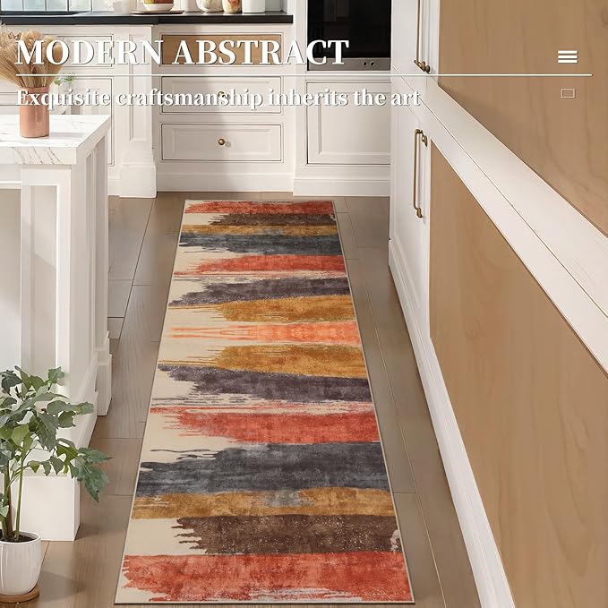 Ciicool 2x6 Washable Runner Rug, Modern Abstract Hallway Rug Runner, Non-Slip Thin Accent Rugs Lightweight Red Yellow Brown Print Distressed Carpet Runners for Laundry Entryway Bedroom Kitchen Indoor