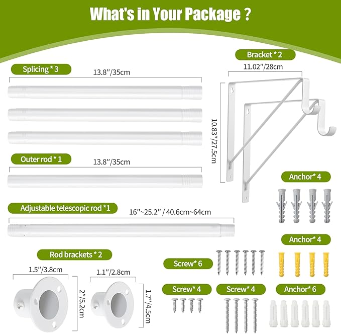 Closet Rod, 16 to 75 Inch Clothes Rods Heavy Duty Adjustable Clothes Rods for Hanging Clothes and Heavy Duty Clothes Rod Bracket Closet Rod Support (White)