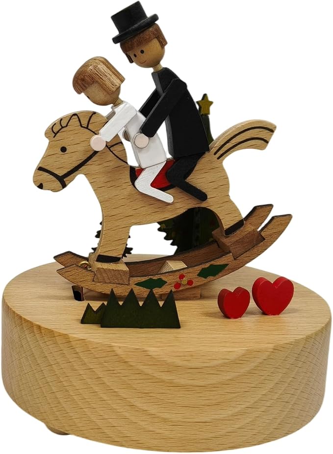 Briskfeel Wooden Rocking Horse Music Box - Couple Riding on a Horse Mechanical Musical Box, Rocking Horse Sways to the Melody, Romantic Gift for Wedding, Anniversary, Valentine's Day