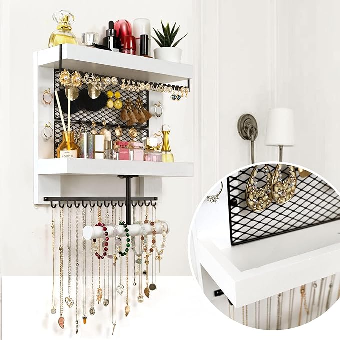 Pinzoveco Hanging Jewelry Organizer Wall Mounted With Wall Jewelry Organizer Holder For Necklaces Bracelet Earrings Ring (White)