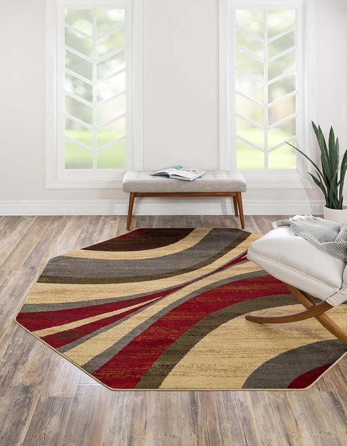 Unique Loom Barista Collection Area Rug - Ngada (7' 1" Octagon, Beige/Red)