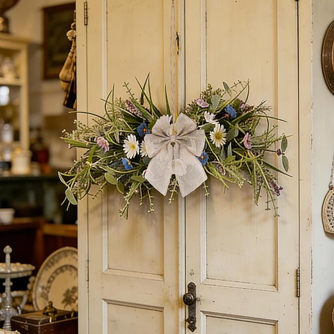 24'' Spring Wreaths for Front Door Summer Floral Swag Blue Spring Door Wreath with Wildflower Lanvender for Wall Porch Indoors Outdoor Window Home Decorations