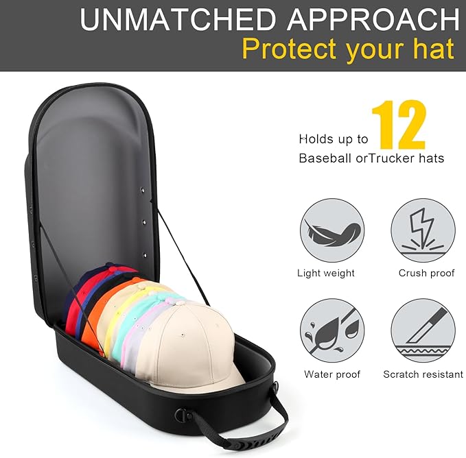 Hard baseball hat case, Hat Carrier Travel Case with Adjustable Shoulder Strap, Hat cap case for 12 Baseball Caps - Perfect for Traveling & At-Home Storage (Black with Grey)
