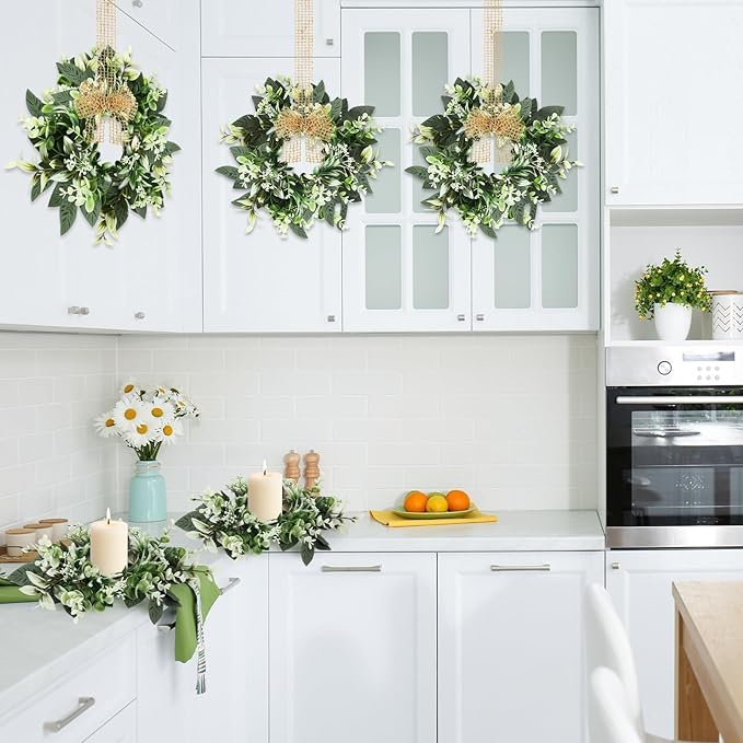 4 PCS Small Eucalyptus Leaves Cabinet Wreath Artificial Mini Spring Summer Greenery Kitchen Wreaths Vintage Swags Wreath with Retro Burlap Ribbon for Farmhouse Rustic Home Door Wedding Wall Decor