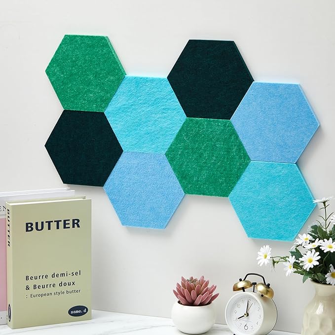 Mindsoft 16 Pcs Hexagon Cork Board for Walls with 50 Wooden Push Pins 6.7 x 5.9 in Felt DIY Tiles Notice with Nano Tape Hanging Bulletin Board for Home Photo Office Memo Note(Turquoise)