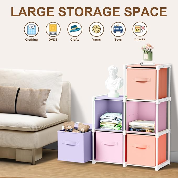 6 Cube Storage Organizer with Shelf Back to School Boxes 11 Inch Toy Storage Bins Closet Organizers Drawers Fabric Dresser for Playroom Books Bedroom Dorm Kitchen (Pink,Purple,Orange)