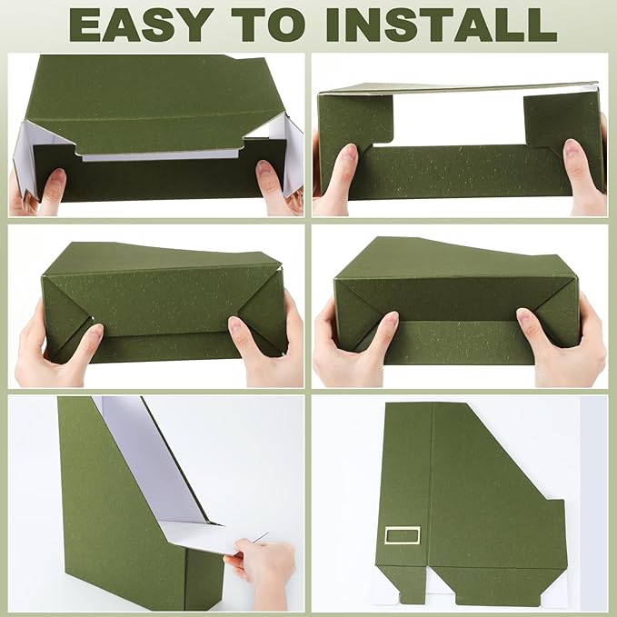 Gueevin Set of 6 Magazine File Holders, Sturdy Cardboard Desk Magazine Organizer with Gold Label Slots, Foldable File Folder Rack for Home Office Classroom Library(Green)