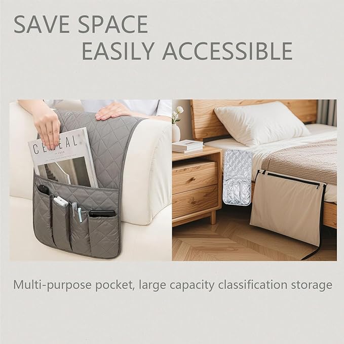 Remote Control Holder for Couch, Armchair Caddy for Recliner Sofa Armrest Organizer, PU Waterproof Non-Slip Bedside Storage with 5 Pocket for Cell Phone TV Remote Magazine Tablet Glass Black