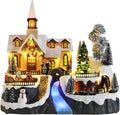 MUMTOP Christmas Village Snow Church with Rotating Train, Light Up Animated Moving Skaters and Christmas Tree with Music for Indoor Holiday Xmas Tabletop Decor