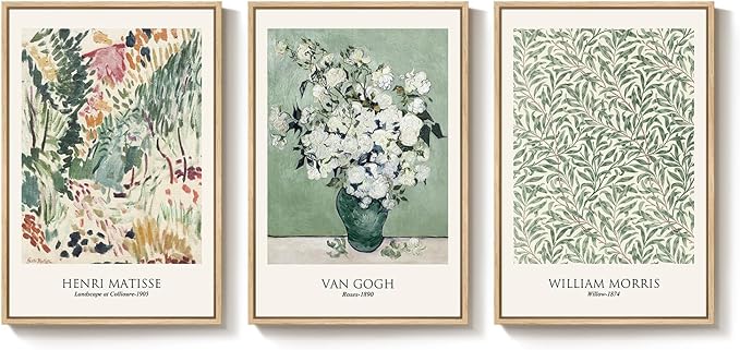 Large Framed William Morris Wall Art for Living Room, Set of 3 Vintage Sage Green Botanical Canvas Prints, Van Gogh Floral Plant Artwork for Bedroom, Hallway, or Home Office Decor, 24x36 Inch