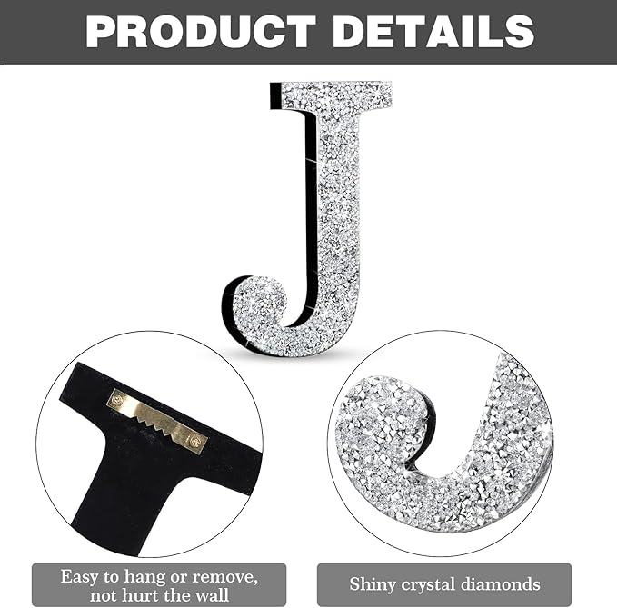 Qunclay 8'' Silver Crystal Diamond Bling Letters Crushed Diamond Decoration Wooden Glitter Letter with Screw and Hooks Rhinestone Gift for Wedding Y2k Mcbling Bedroom Wall Decor (Letter J)