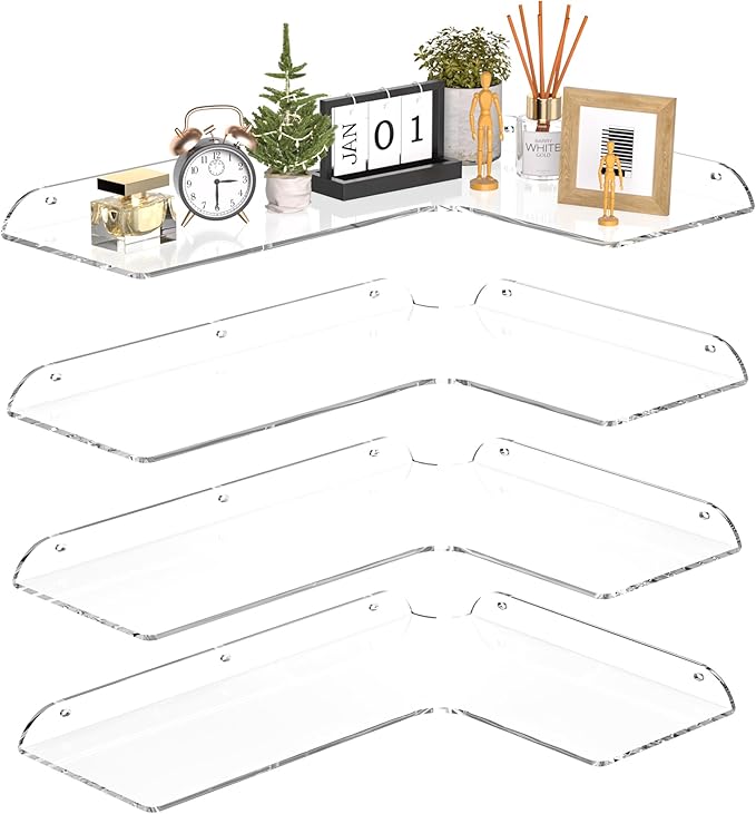 Sezanrpt 11.4x16 Inch Acrylic Corner Floating Shelf Set of 4, Clear Corner Wall Shelf for Home Décor, Speakers, Security Cameras, Toileries, Plants, Figures, Cosmetics, Books
