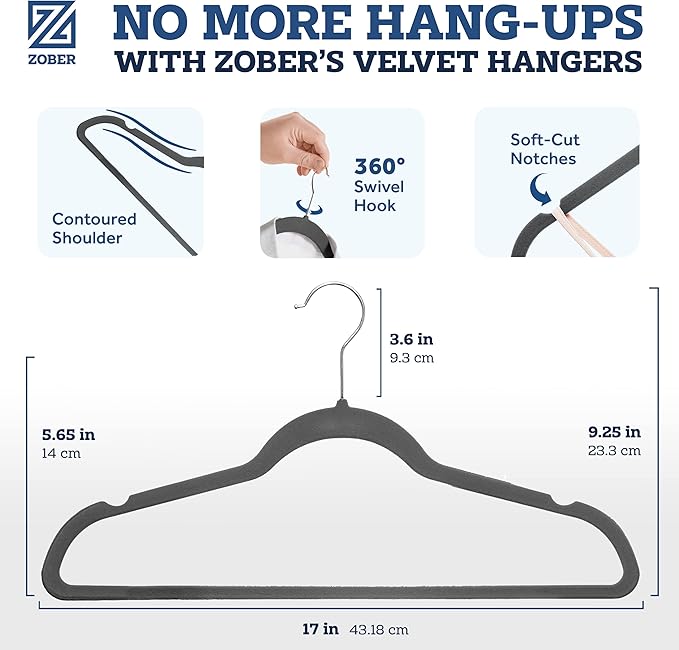 Zober Velvet Hangers 50 Pack - Heavy Duty Gray Hangers for Coats, Pants & Dress Clothes - Non Slip Clothes Hanger Set - Space Saving Felt Hangers for Clothing