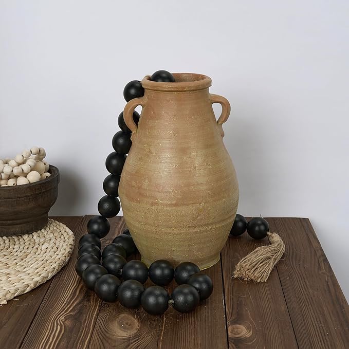 OMISHE 60" Long Extra Large Wood Bead Garland with 1.6" Diameter Wooden Beads and Tassels, Rustic Farmhouse Country Decorative Beads for Home Decor Tiered Tray Decor, Black