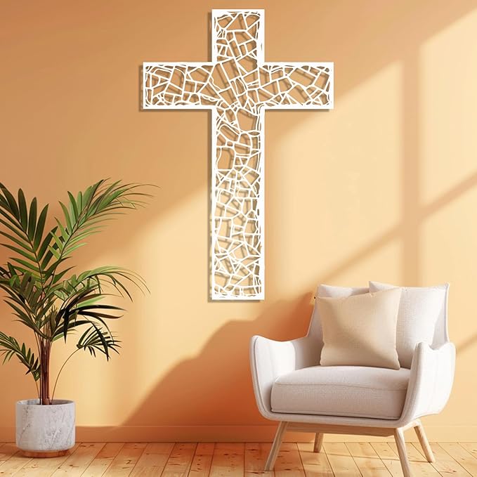 WORGO White Metal Cross Wall Decor Iron Christian Cross for Home Church, Hollow Out Artistic Hanging Ornament, Crosses Wall Decor for Living Room, Bedroom, Decorative Thankful Religious Gift 41.3x27.4 inch