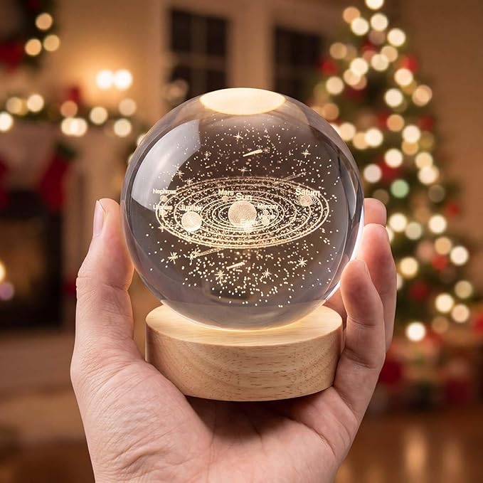 3.15" (80mm) Solar System Crystal Ball 3D Sun System Planets Model Globe with Wooden Base Home Decorative Ornament Astronomy Gifts for Lover Girlfriend