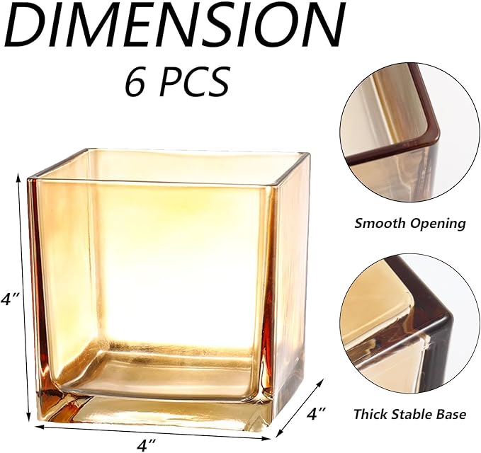 Square Glass Vases Set of 6, 4" x 4" x 4" Square Flower Vases for Centerpieces, Amber Vase for Flowers, Small Vase for Wedding, Party, Home Office Decoration