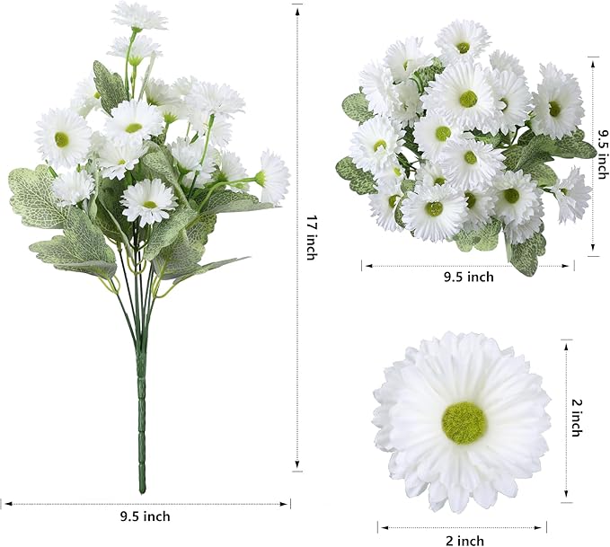 HyeFlora Dahlia Artificial Flowers for Outdoors Spring Summer Decor, 6 Bundles Fake Daisy White Faux Flowers Plants Realistic UV Resistant Silk Flowers for Outside Planter Front Door Yard Garden Home