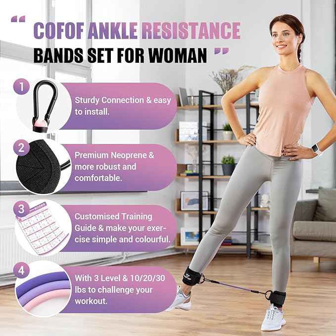 Ankle Resistance Bands with Cuffs, Ankle Bands for Working Out, Kickbacks Hip, Leg Glute Exercise Equipment with Training Poster, Resistance Workout Equipment for Women