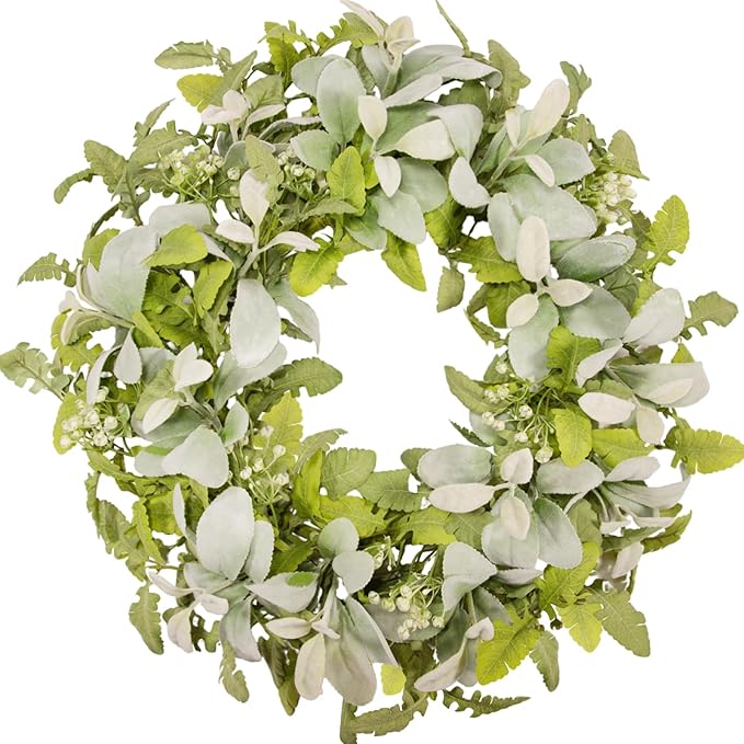 Green Year Round Wreaths 22 Inch Fabric Leaves Wreath with Lambs Ear Leaves & White Flowers, All Seasons Wreaths for Front Door Spring Summer Porch Wall Indoor Outdoor Farmhouse Decor