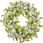 Green Year Round Wreaths 22 Inch Fabric Leaves Wreath with Lambs Ear Leaves & White Flowers, All Seasons Wreaths for Front Door Spring Summer Porch Wall Indoor Outdoor Farmhouse Decor
