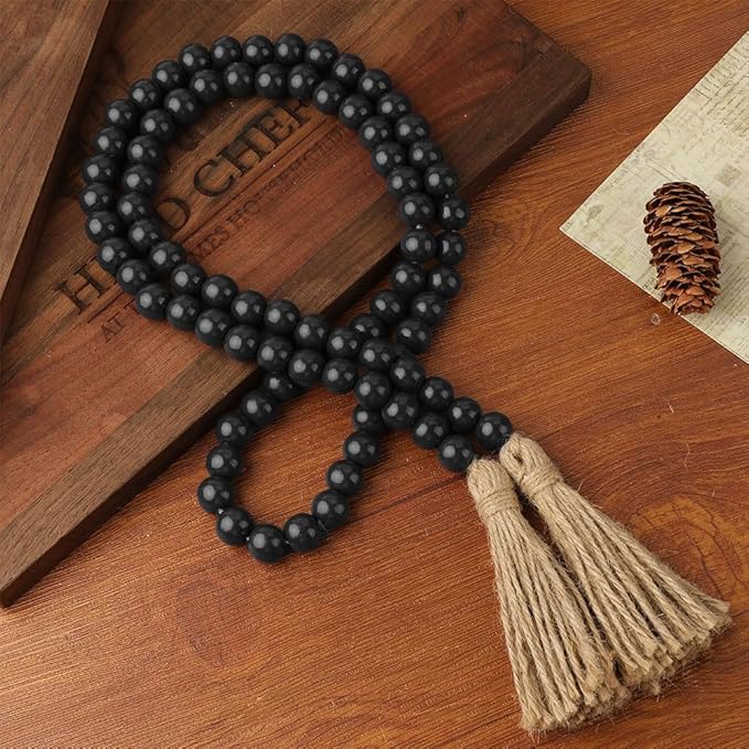 Wood Bead Garland 58 Inch Black Wooden Beads for Boho Farmhouse Table Home Decor with Tassel, Wooden Prayer Bead, Rustic Country Boho Wall Hanging Decor for Kitchen Modern Living Room Tray Vase Shelf