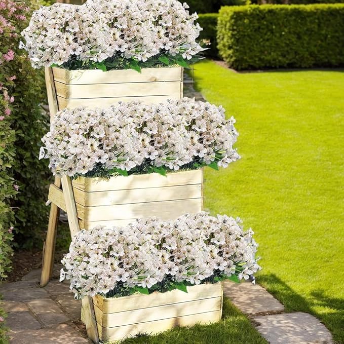 12Pcs UV Resistant Artificial Flowers Artificial Violet Outdoor Decor Realistic Faux Plants Silk Flowers No Fade for Patio Hanging Baskets Garden Pots Farmhouse Yard (White)