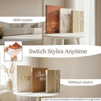 JULZEN Linen Decorative Books for Home Decor - Aesthetic Set of 3 Beige Fake Books for Coffee Table Decor with Faux Book Box Storage, Wood Knot & Bead Garland - Neutral Living Room Decoration