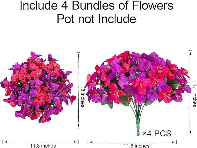 INSPRING Faux Bougainvillea Artificial Flowers for Outdoors Fake Plants Spring Outdoor Decor, 4 Bundles Realistic Silk Flowers for Outside UV Resistant for Porch Patio Window Planter Garden Home