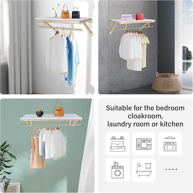 Shelf with Hanging Rod, Gold Closet Rod, Gold Closet Shelf with Hanging Rod, Clothes Rack with Top Shelves, Loads up to 88 lb, for Home, Clothing Store