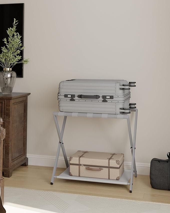 Luggage Rack, Folding Suitcase Stand for Guest, Foldable, Luggage Holders with Shelf, Steel Frame with Nylon Straps for Bedroom, Hotel, Holds up to 154 lb, Grey,1 Pack LR03899G