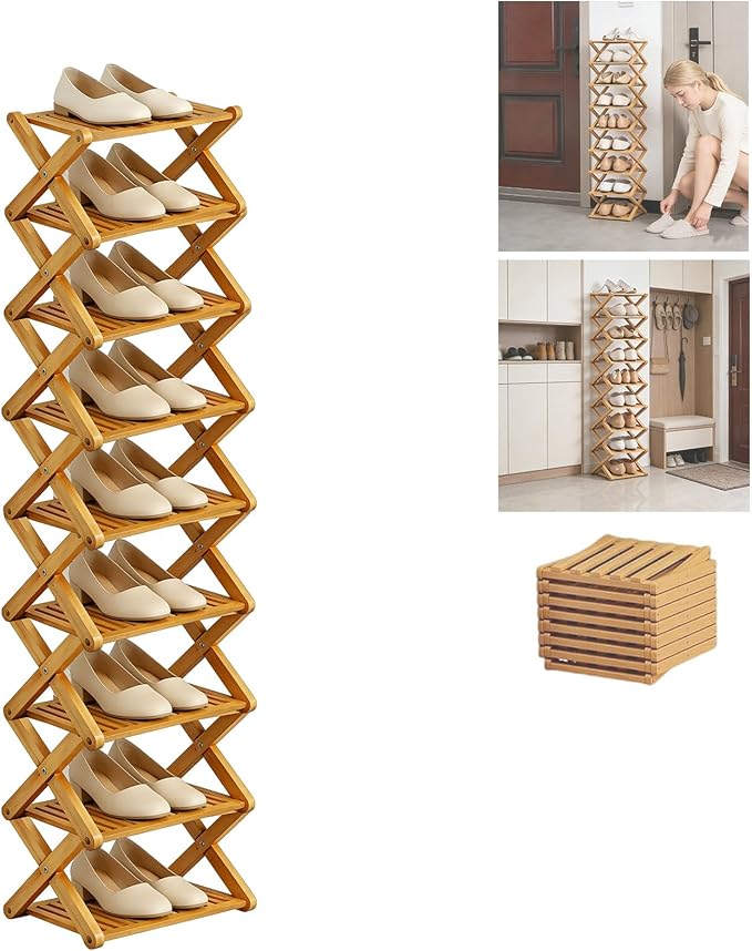 2/3/4/5/6/7/8/9 Tier Bamboo Shoe Rack - Foldable,No Installation Needed,Space-Saving Multi-Tier Storage for Indoor & Balcony Use (Yellow,9 Layers)