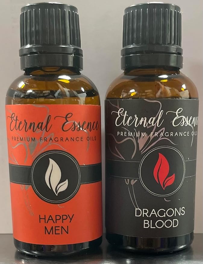 Eternal Essence Oils 2 Pack 30ml Premium Fragrance Oil - Dragons Blood & Happy Men - for Candle, Soap Making, Aromatherapy, Diffusers, Home Care, & Humidifiers