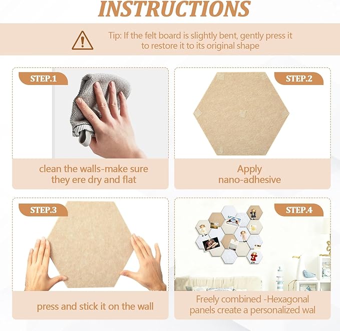 Mindsoft 16 Pcs Hexagon Cork Board for Walls with 50 Wooden Push Pins 12x10 in Felt DIY Tiles Notice with Nano Tape Hanging Bulletin Board for Home Photo Office Memo Note(Retro)