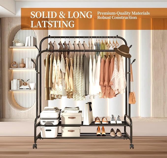 Antiwar Sturdy Metal Double Rodding Clothes Rack With Wheels, Portable Clothing Rack With Shelves & Hooks, Heavy Duty Garment Racks for Hanging Clothes, Multi-Functional Closet Rack for Bedroom, Black