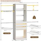 Closet System, 4-8FT Closet Organizer with 3 Wood Drawers & Glass Top, 102'' Walk in Closet with 5 Hang Rods & LED Lights & Trouser Rack, Built-in Wardrobe Clothes Rack with Shelves and Tower, White