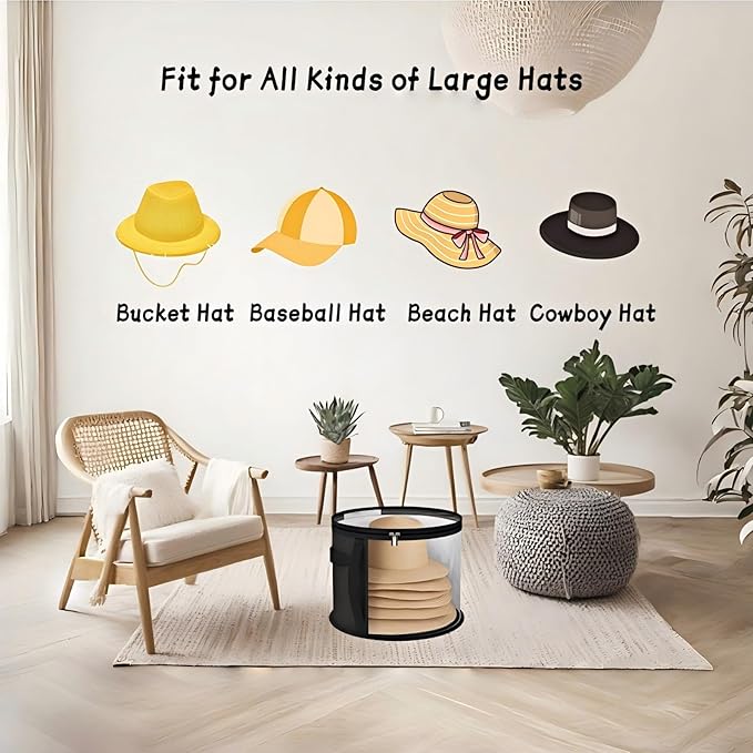 4 Pcs Oversized Clear Hat Storage Box, Cowboy Hat Organizer Bag for Closet, Foldable Case with Carrying Handles for Women Men (Black)