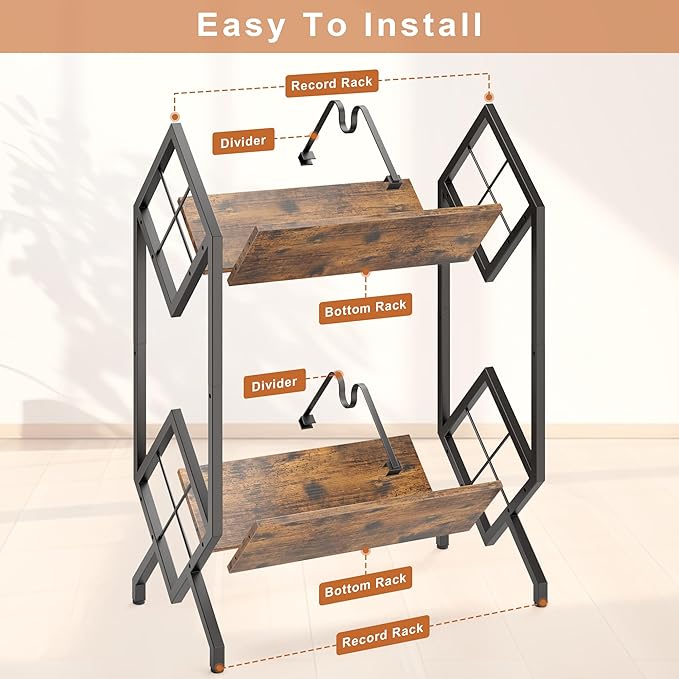 RUILALIFE 2-Tier-Vinyl-Record-Storage-Holder With Dividers, Metal Album storage for vinyl records display Shelf, Vintage 160-200 LP Storage Shelf Stand