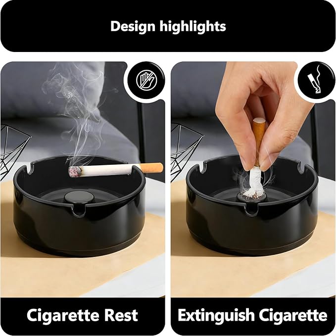 roygra Ash Tray (5 Pack), Outdoor Ashtray for Outside Patio, Resin Ashtrays for Cigarettes with 3 Holder, Smoking Accessories, Home Décor, Stackable Ashtrays for Smokers Indoor - Black