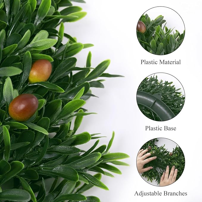 U'Artlines 17" Spring Summer Wreath for Door Green Boxwood Wreath Greenery Hanging Garland for Home Wedding Wall Window Decoration Green＆Brown