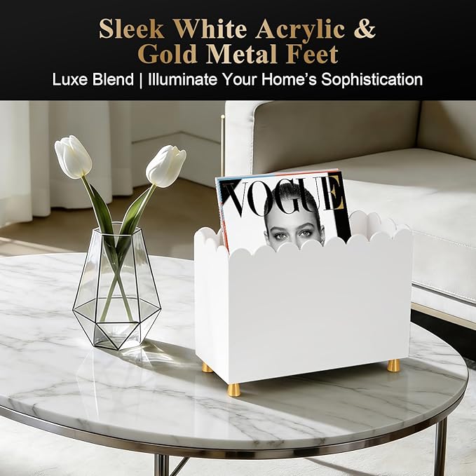 Acrylic Magazine Holder, Magazine Rack Floor,Sleek White Stylish Organizer with Luxe Gold Metal Feet and Wave Edge Design Space Saving Storage for Books Newspapers Office Supplies,Home Office(White)