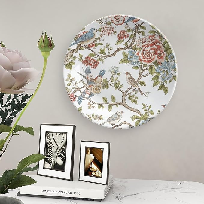 Fashion Plates Chinoiserie Tree Peony Bird Floral Personalized Decor for Office Wall Table Display Hanging Decorative Tiles Including Bracket And Special Hook, Multi Sizes, Gifts for Men Women