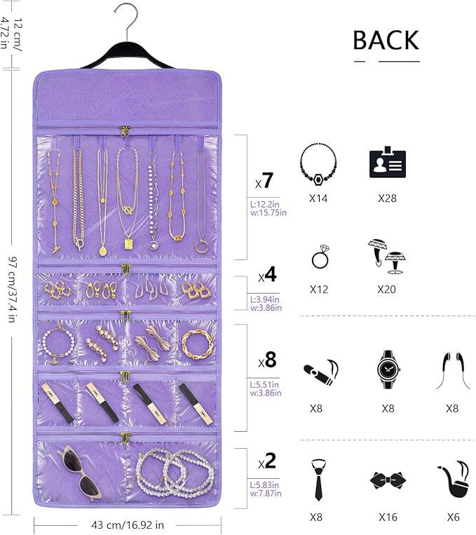 SMRITI Hanging Jewelry Organizer with Dual Zippered Pockets Canvas Double Sided Rotating Hanger Necklace Hanging Wall Organizer Earring Dustproof Holder Wall Mount Accessories Display Bag(Purple)