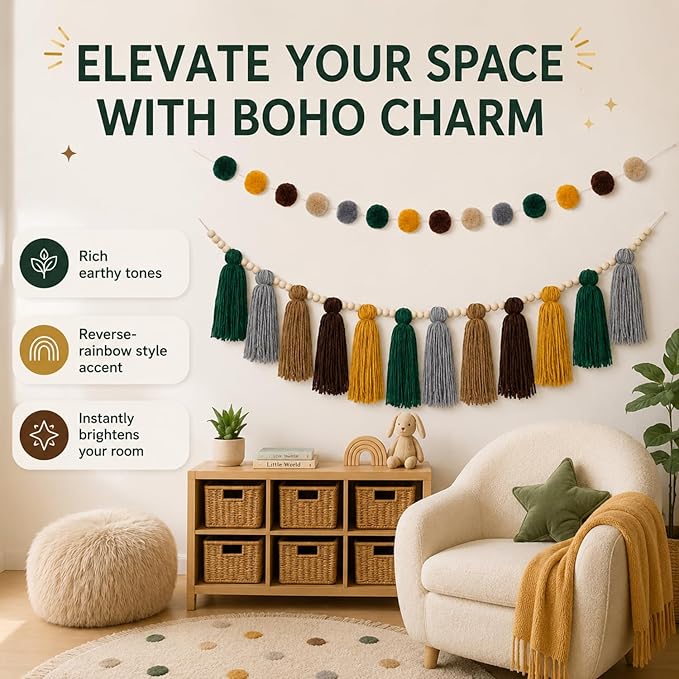 Syhood 3 Pcs Boho Tassel Garland Wall Hanging Decor 1 Boho Tassel Garland with Wood Beads and 2 Western Colorful Pom Pom Ball for Classroom Party Wedding Baby Shower Home Decorations(Elegant Colors)