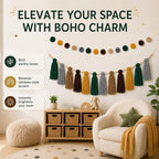 Syhood 3 Pcs Boho Tassel Garland Wall Hanging Decor 1 Boho Tassel Garland with Wood Beads and 2 Western Colorful Pom Pom Ball for Classroom Party Wedding Baby Shower Home Decorations(Elegant Colors)