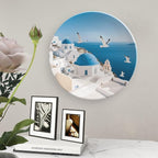 Santorini Greek Island Ceramic Display Plate Decorative Round Hanging Bone China Plate with Display Stand for Kitchen Dining Room Wine Cabinet Home Décor Art Decoration 8inch
