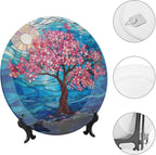 Stained Glass Theme Decorative Ceramic Plate Round Porcelain Plate,10 inch,Cherry Tree Pattern,for Decorative Ornaments Giving Plates, 1 Plate with 1 Display Stand,Blue Pink