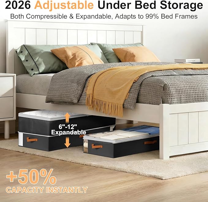 Under Bed Storage Bins - 98L Height-adjustable Under Bed Storage Containers, Compression Blanket Storage Comforter Storage Sweater Storage, Clothes Storage Bins With Clear Window, 2 Pack Black